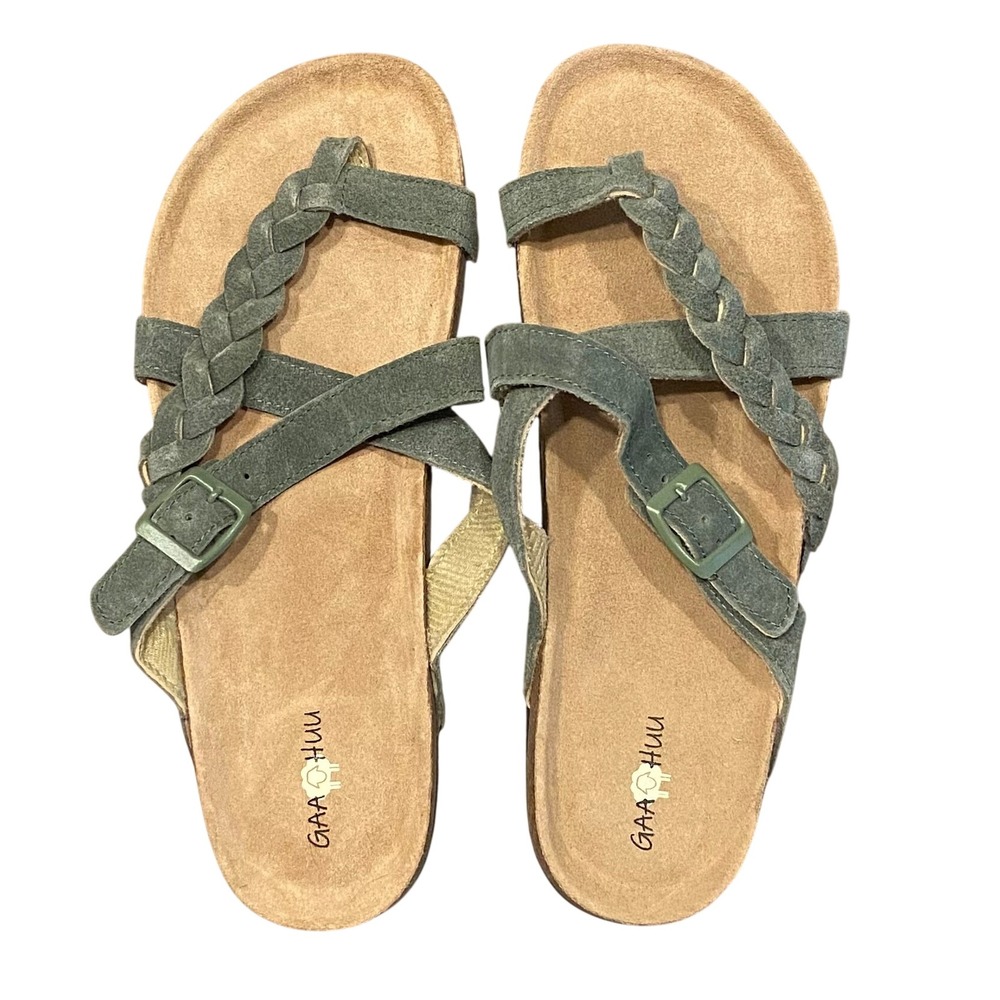 GAAHUU Womens Green Suede Braided T-Strap Buckle Slide‎ Sandals Size 11 Boho